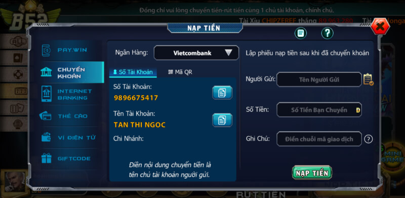 Hướng dẫn Nạp Tiền tại B52 Club